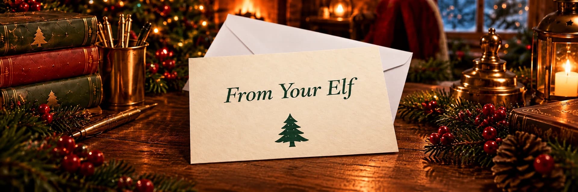 Illustrative Elf letter beside a plain white C5 envelope on a warm Christmas writing desk.