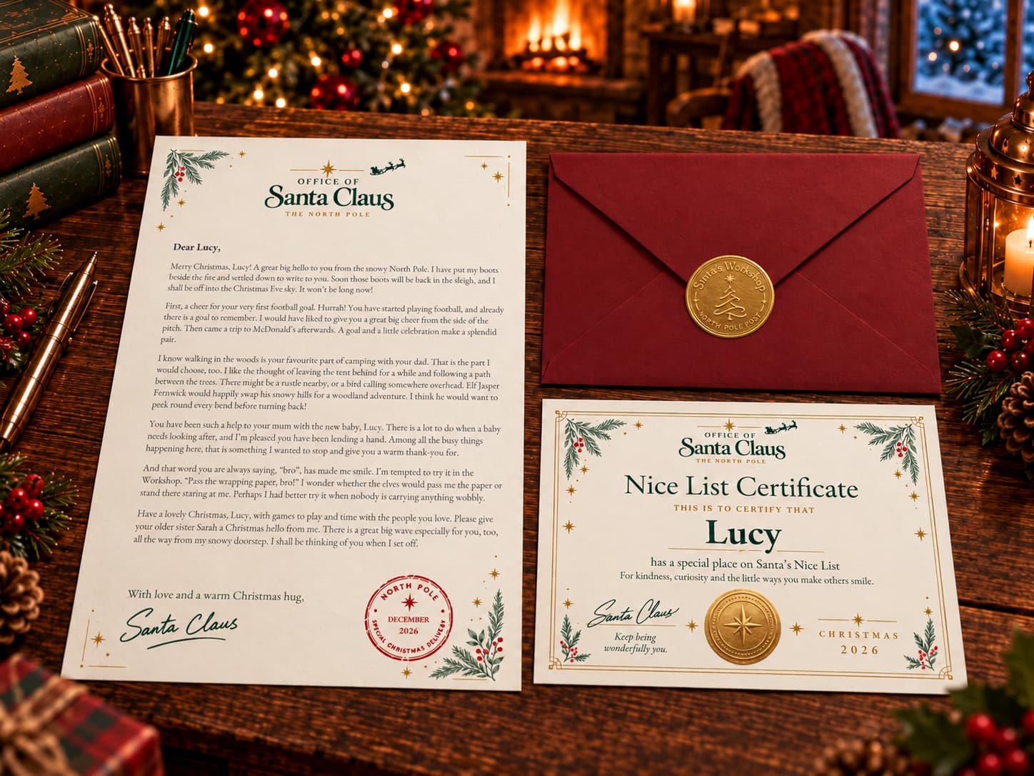 Lucy’s signed Santa letter, landscape Nice List Certificate and burgundy envelope with the gold North Pole Post tree seal on a Christmas desk.