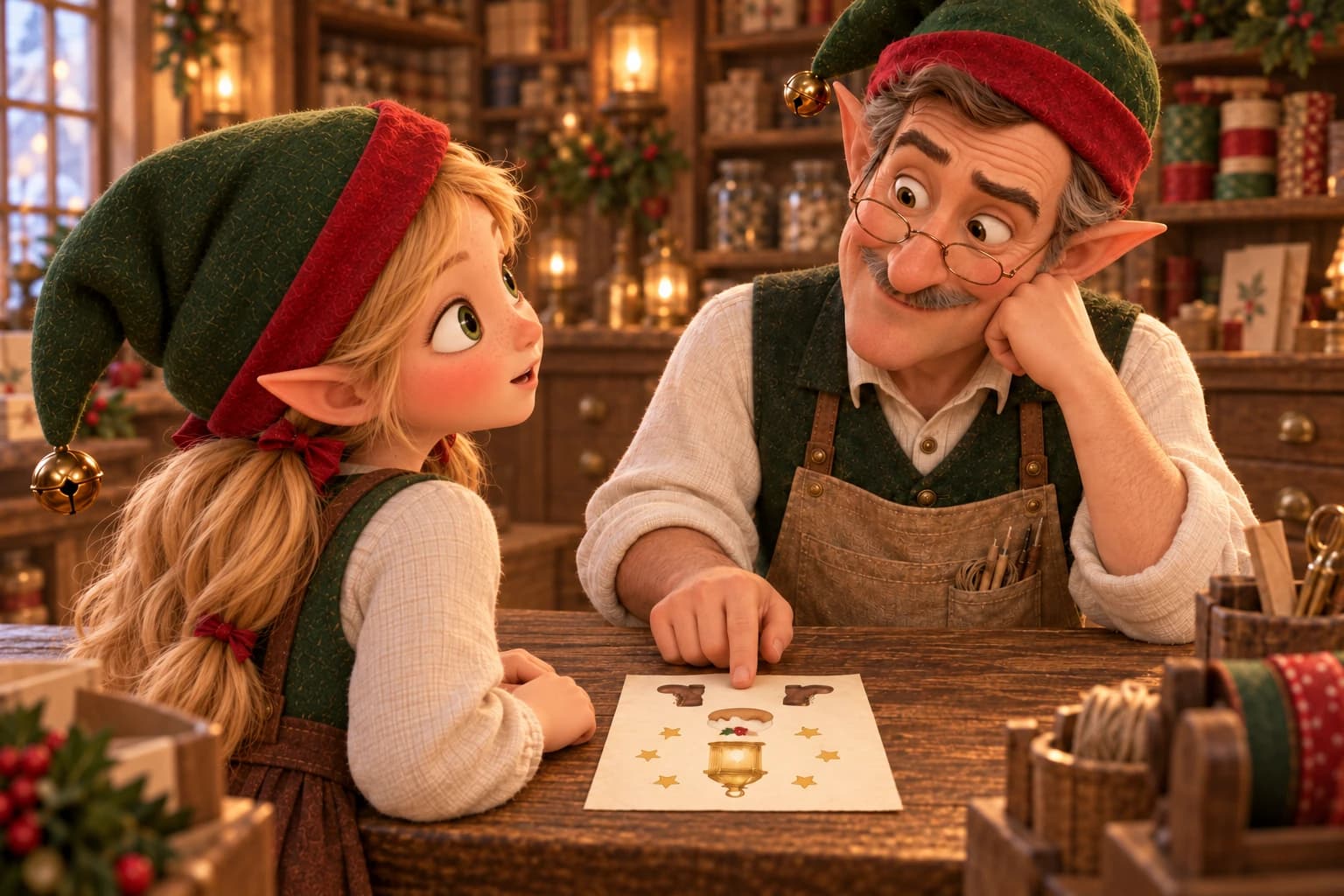 Nellie listens while Mr. Puddlesworth examines the pictured invitation on his shop counter.