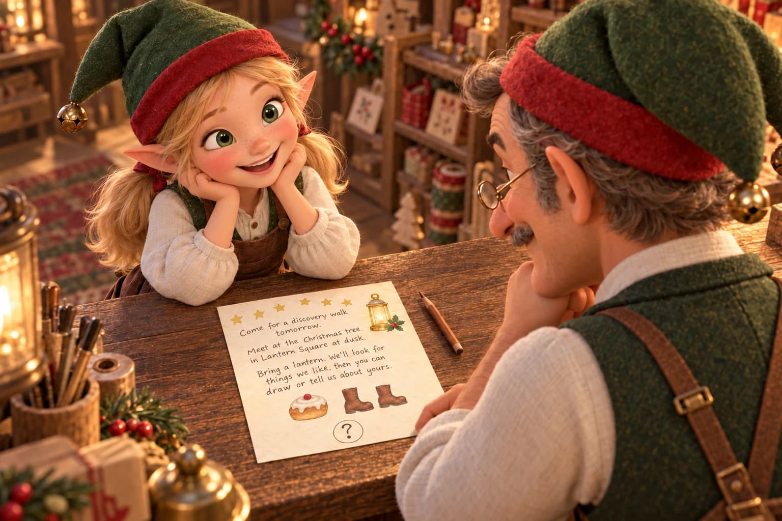 Nellie laughs as Mr. Puddlesworth adds a question mark to the revised invitation's discovery circle.