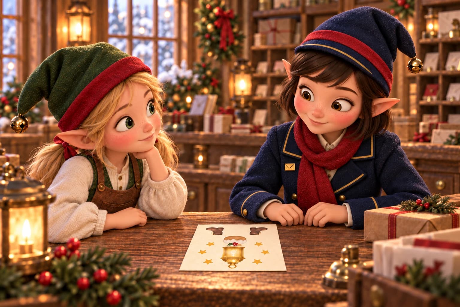 Nellie waits quietly for Penny's reading of the original invitation at North Pole Post.