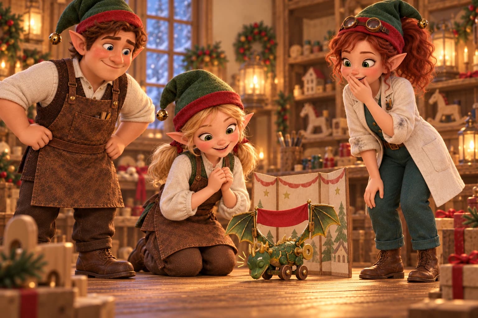 Nellie, Tilly and Arthur laugh as the wheeled green dragon bows with its red banner open.