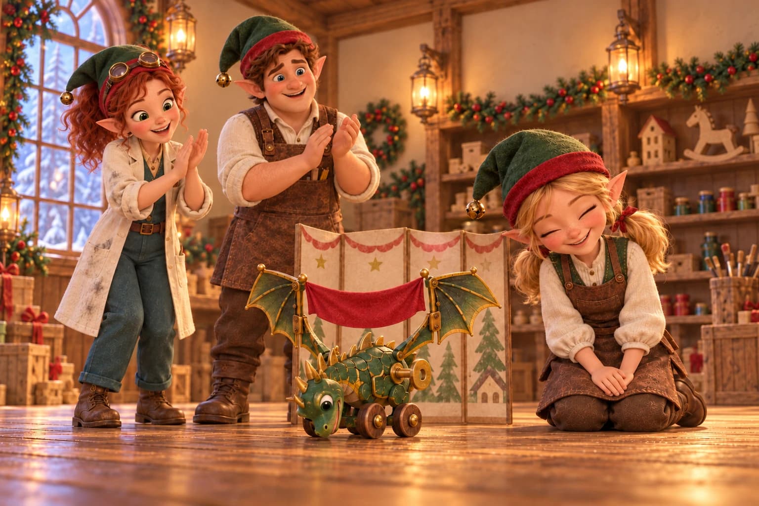 Nellie and the dragon bow while Tilly and Arthur clap in the Toy-Testing Room.