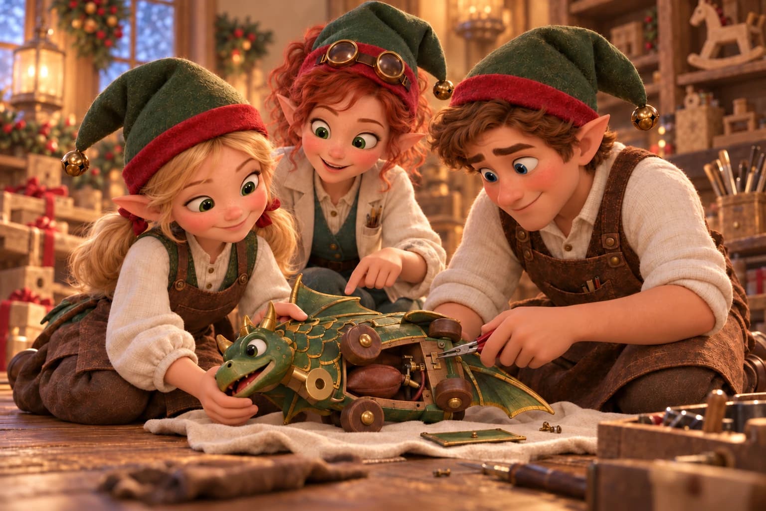 Nellie steadies the dragon on a cloth while Arthur moves its catch with pliers and Tilly watches.