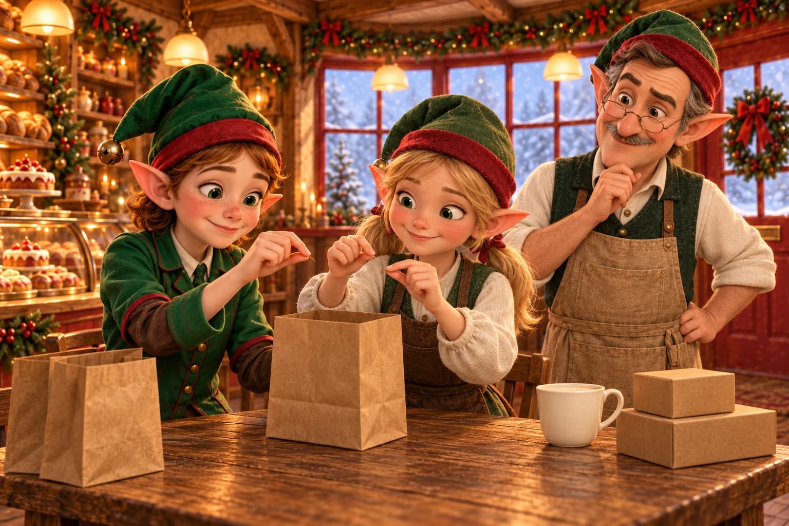 Pip and Nellie mime tying an invisible ribbon above an empty paper bag while Mr. Puddlesworth watches.