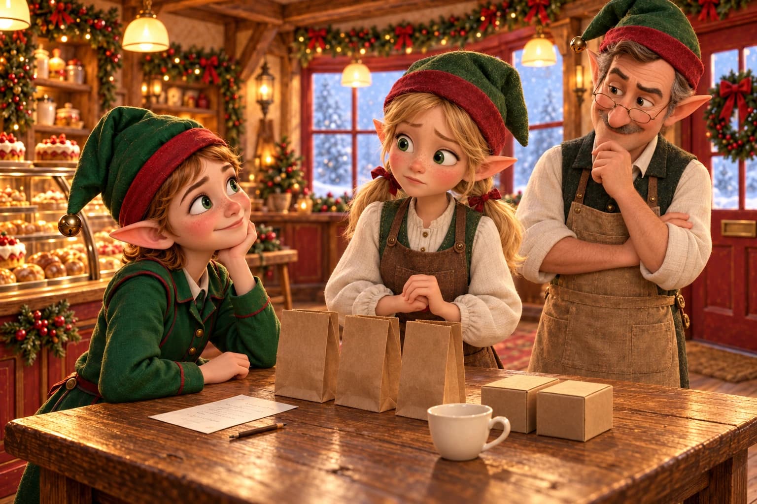Pip studies a tidy pretend shop with three empty bags, two boxes and a cup while Nellie and Mr. Puddlesworth wait at the Bakehouse table.