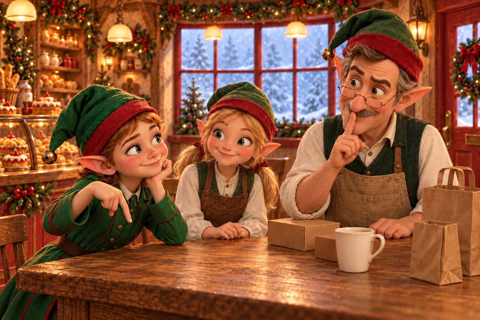 Pip makes two fingers tiptoe through empty air while Mr. Puddlesworth gestures for quiet and Nellie smiles.