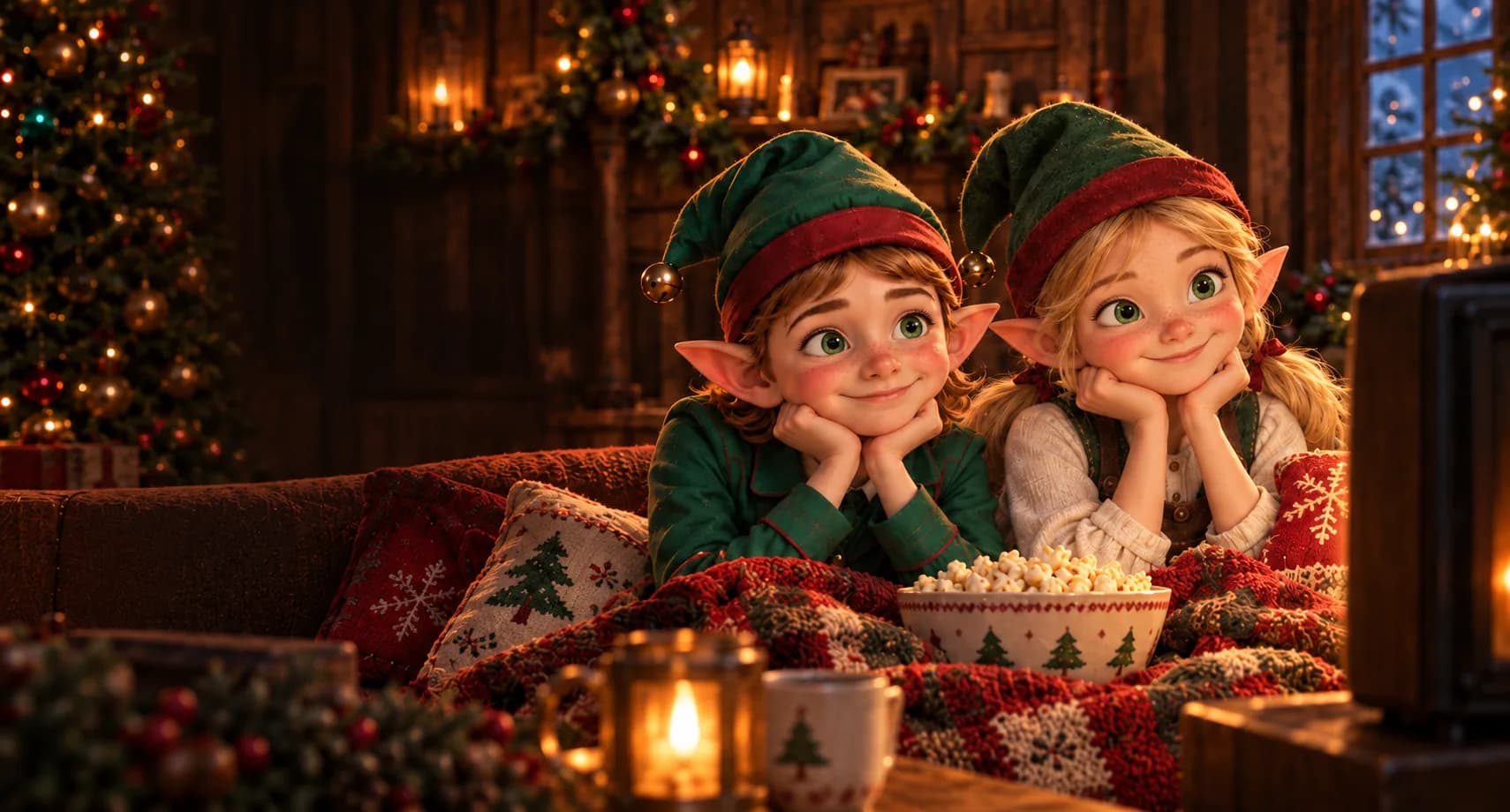 Pip and Nellie watching television together with a cosy blanket and a bowl of popcorn.