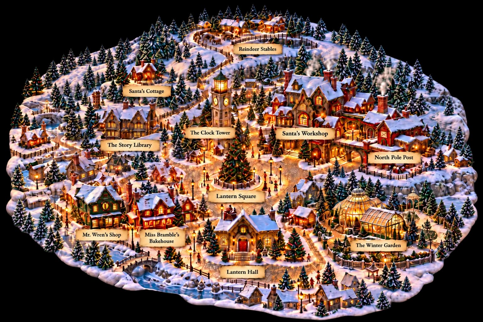 Illustrated map of the North Pole village, showing the Workshop and its neighbouring buildings among snowy paths and trees.