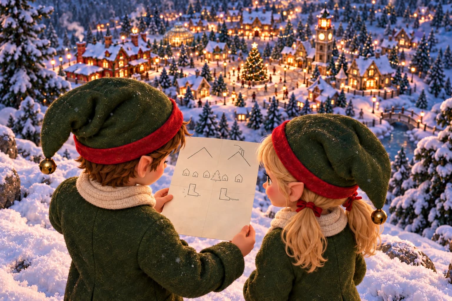 The friends consider their map on the hillside with the village view below them.