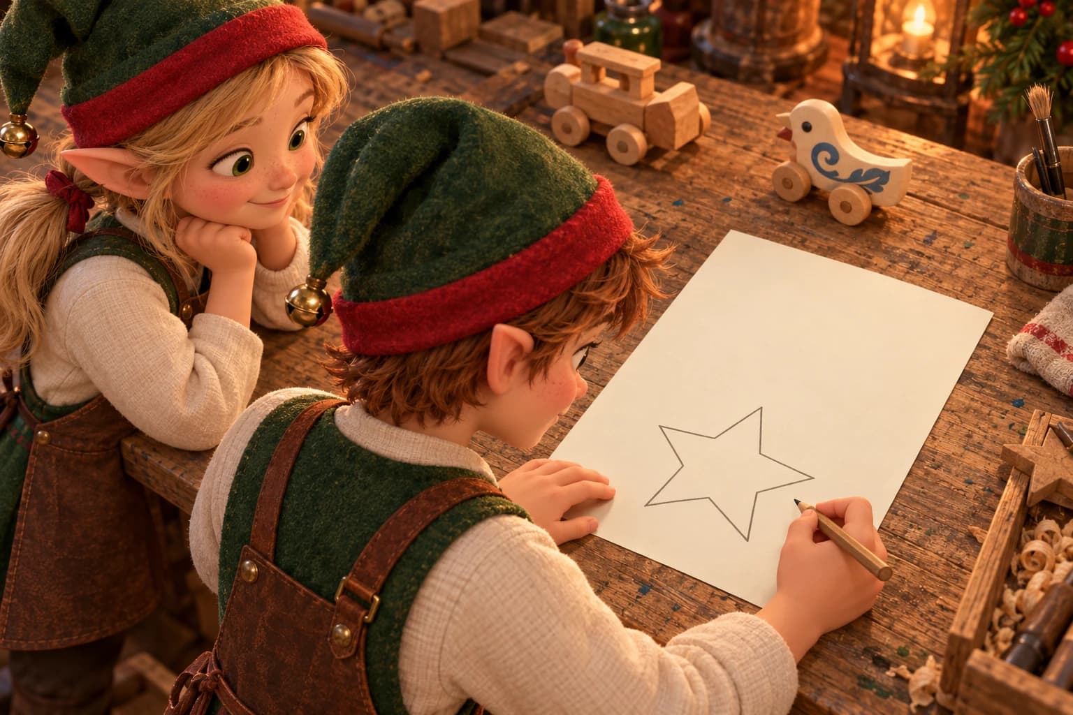Jasper and Nellie examine the first large star drawn on their paper after completing their toys.