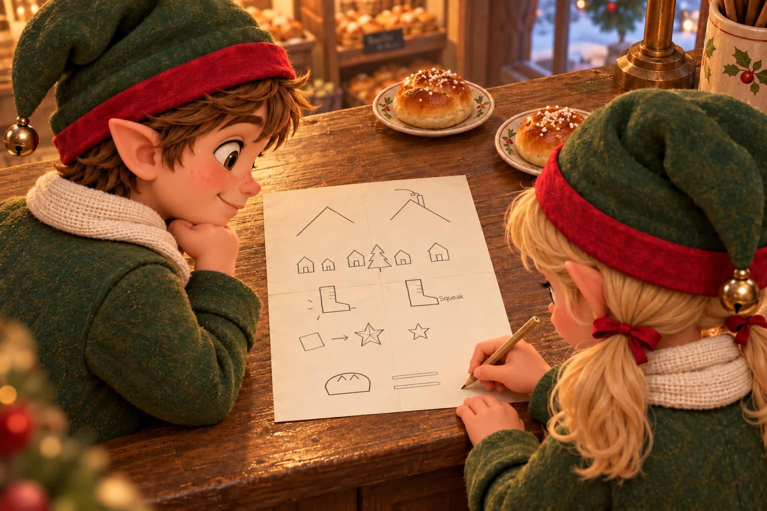 The friends examine their completed discovery map at the Bakehouse counter beside two buns.