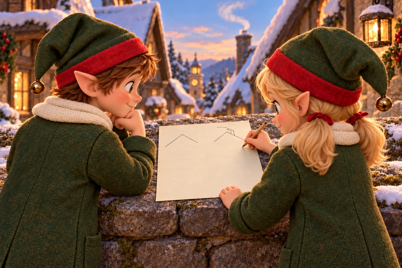 Nellie and Jasper look at her small roof-and-smoke sketch on the back of their paper.