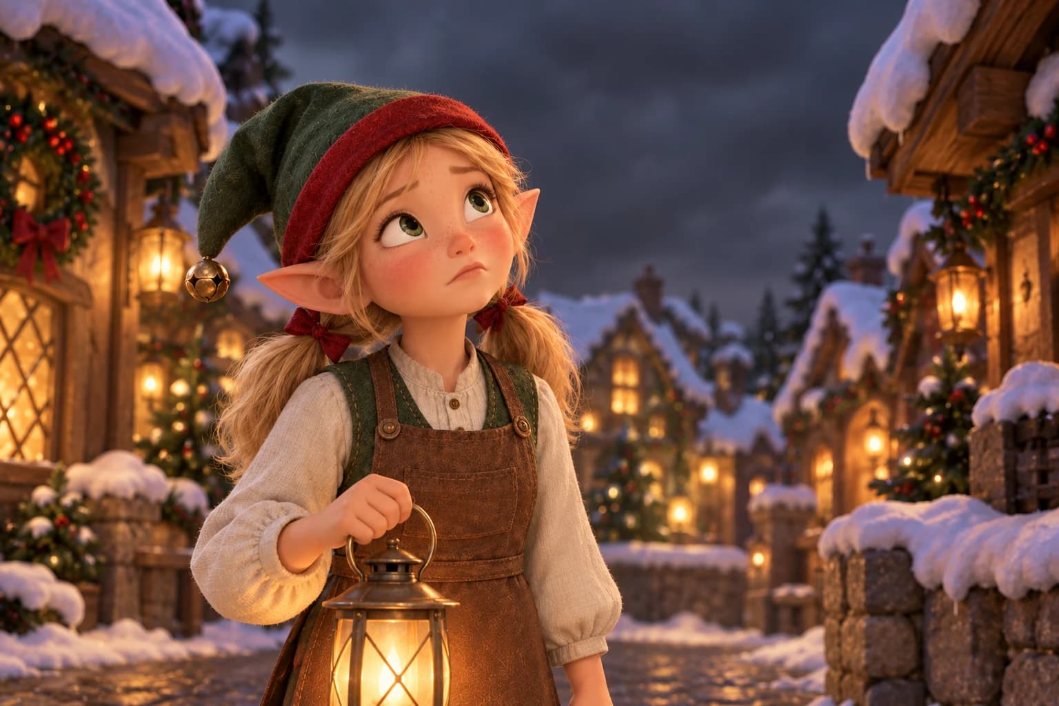 Nellie looks up at the darkening gap between two snow-covered roofs.