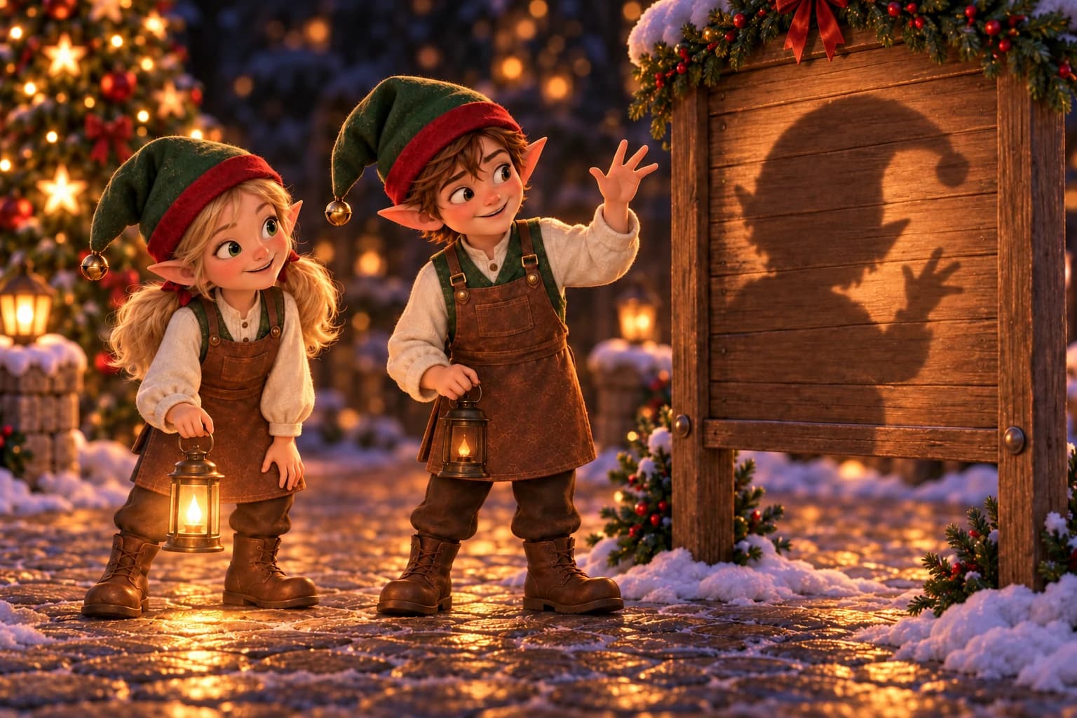 Nellie holds a bright lantern low while Jasper raises his hand; his tall shadow falls on the wooden back of the noticeboard.