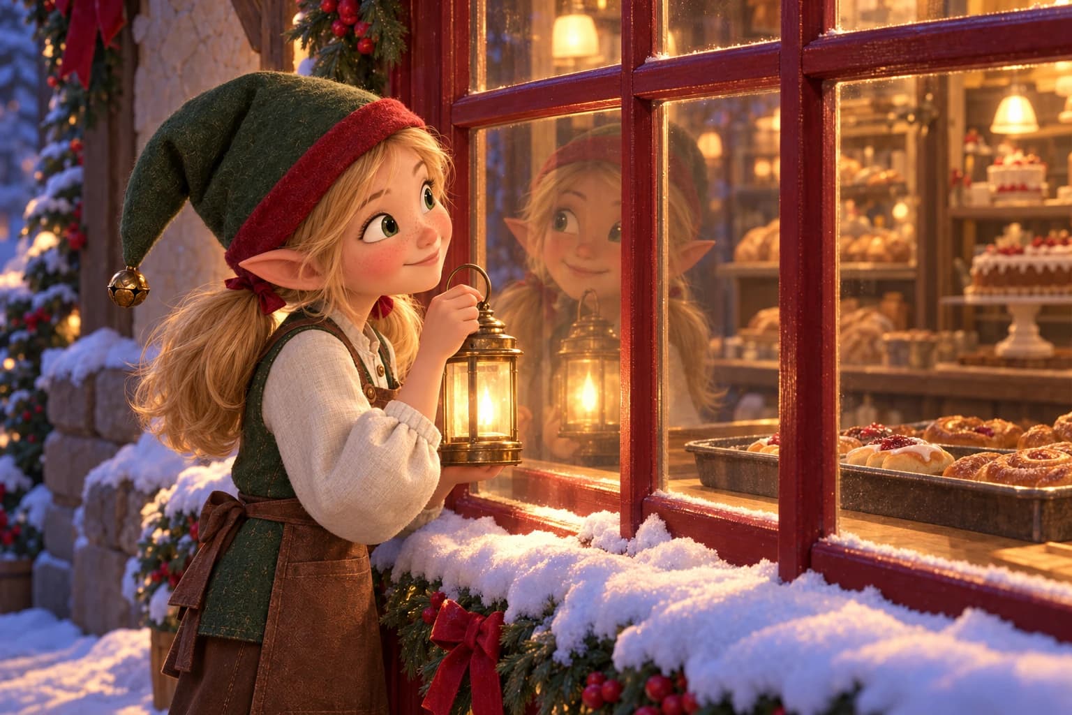 Nellie holds her lantern outside the Bakehouse window; a reflection appears in the glass with a tray visible inside.